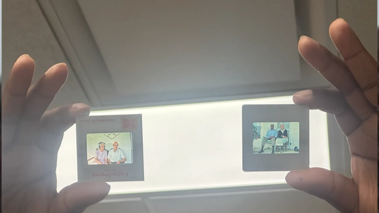 Student researcher holding slides against ceiling light
