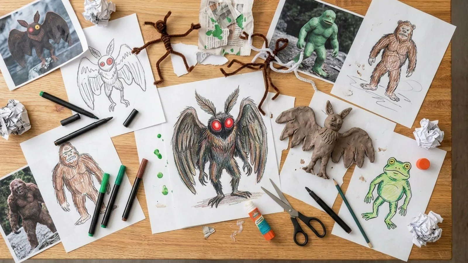 Mothman drawings on a table