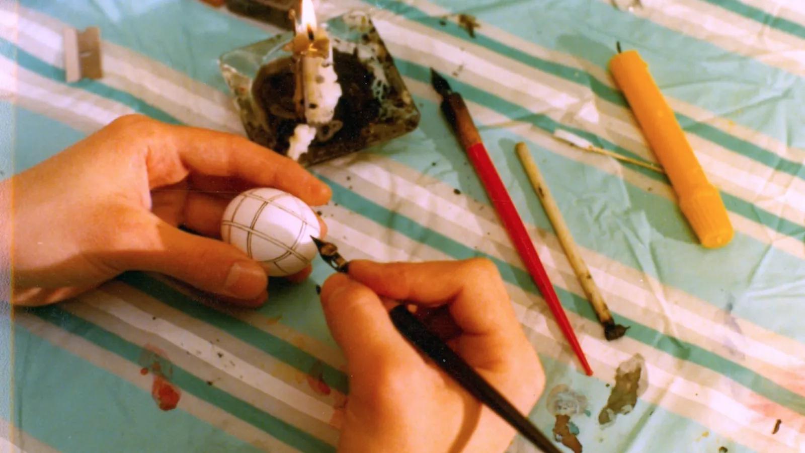 Gary Byndas decorating an egg, Cleveland, 1979.
