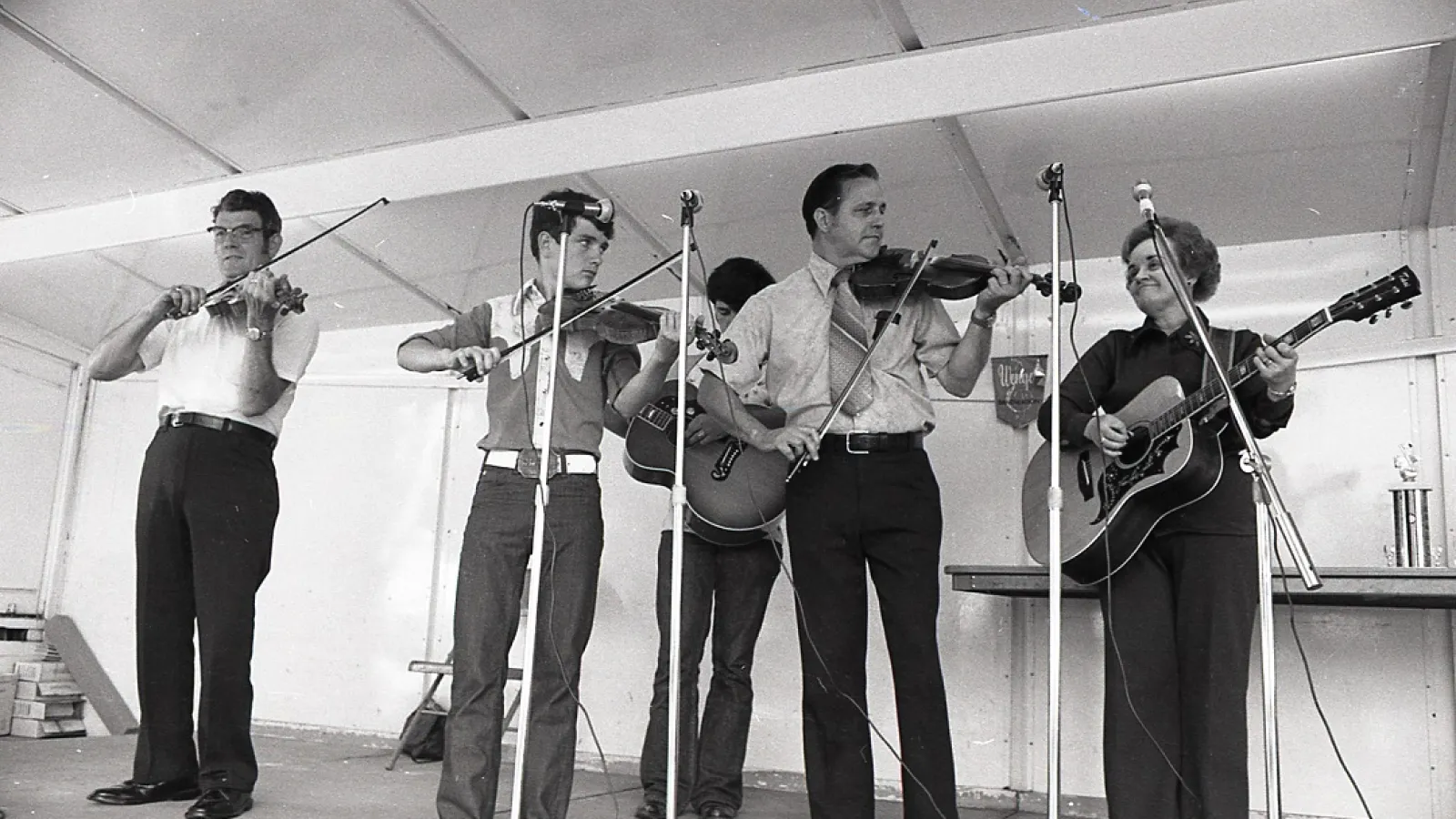 Musicians on stage during a contest, 1977.