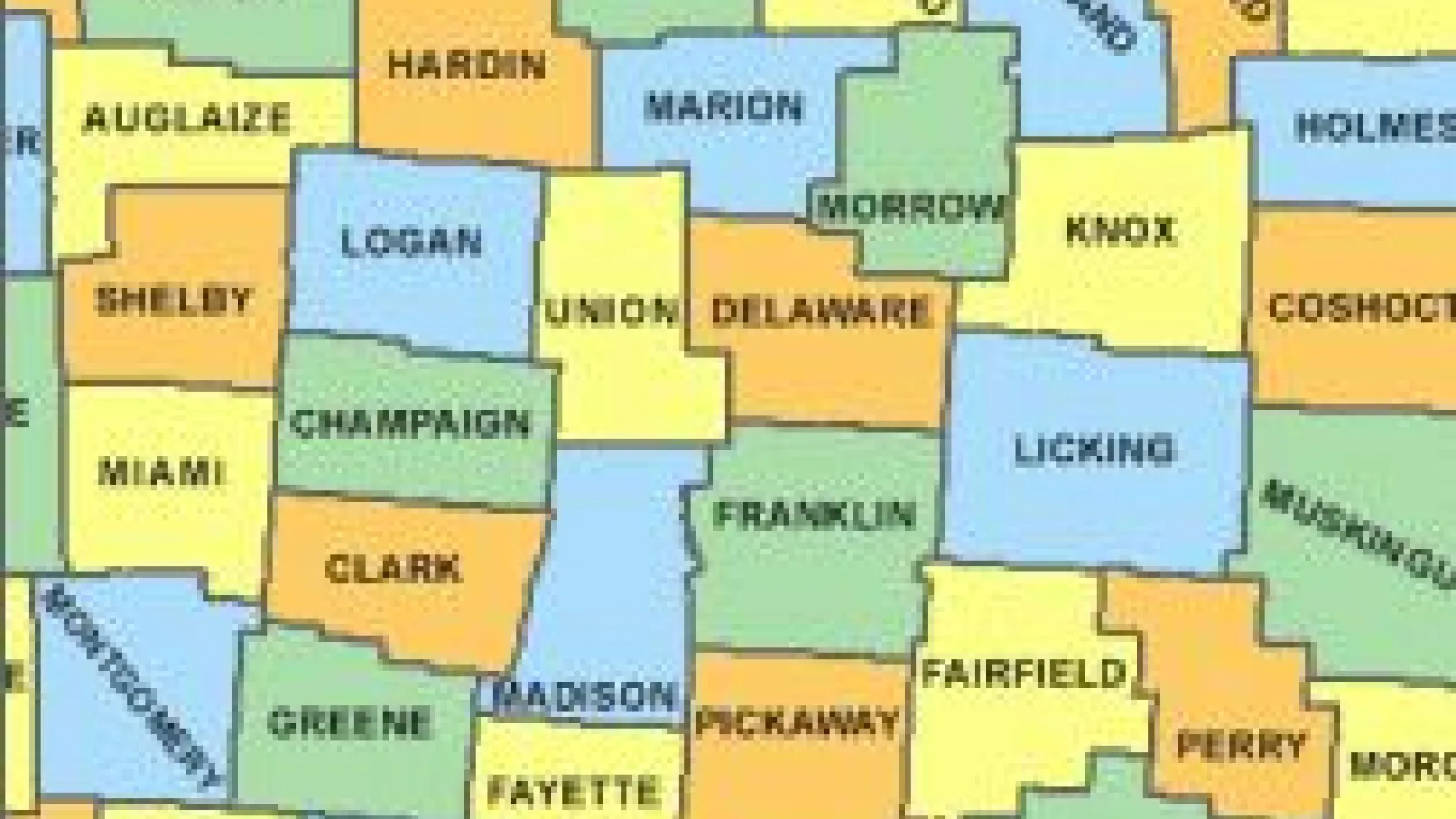 Political map of counties around the central Ohio region
